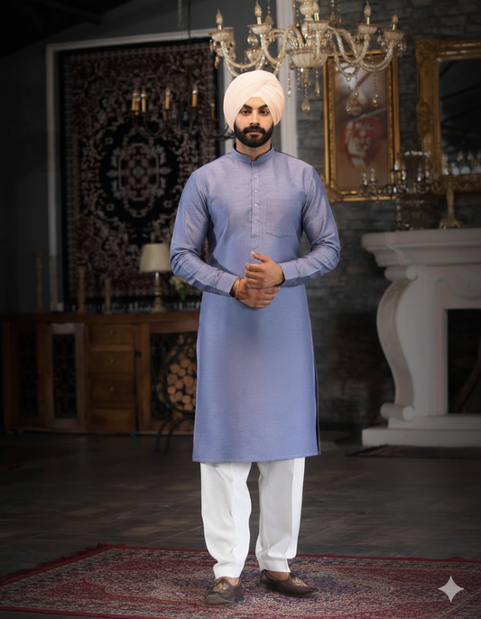 Dark Blue Violet Straight Kurta with band collar & Salwar – Punjabi Style