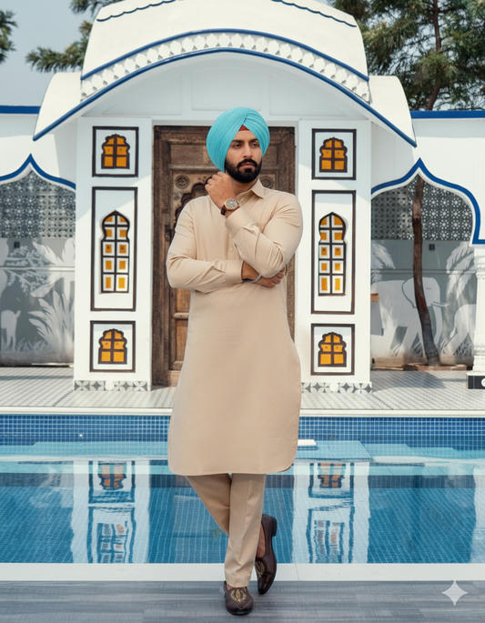 Beige Punjabi Kurta Pajama – Straight Kurta and Pajama with band collar