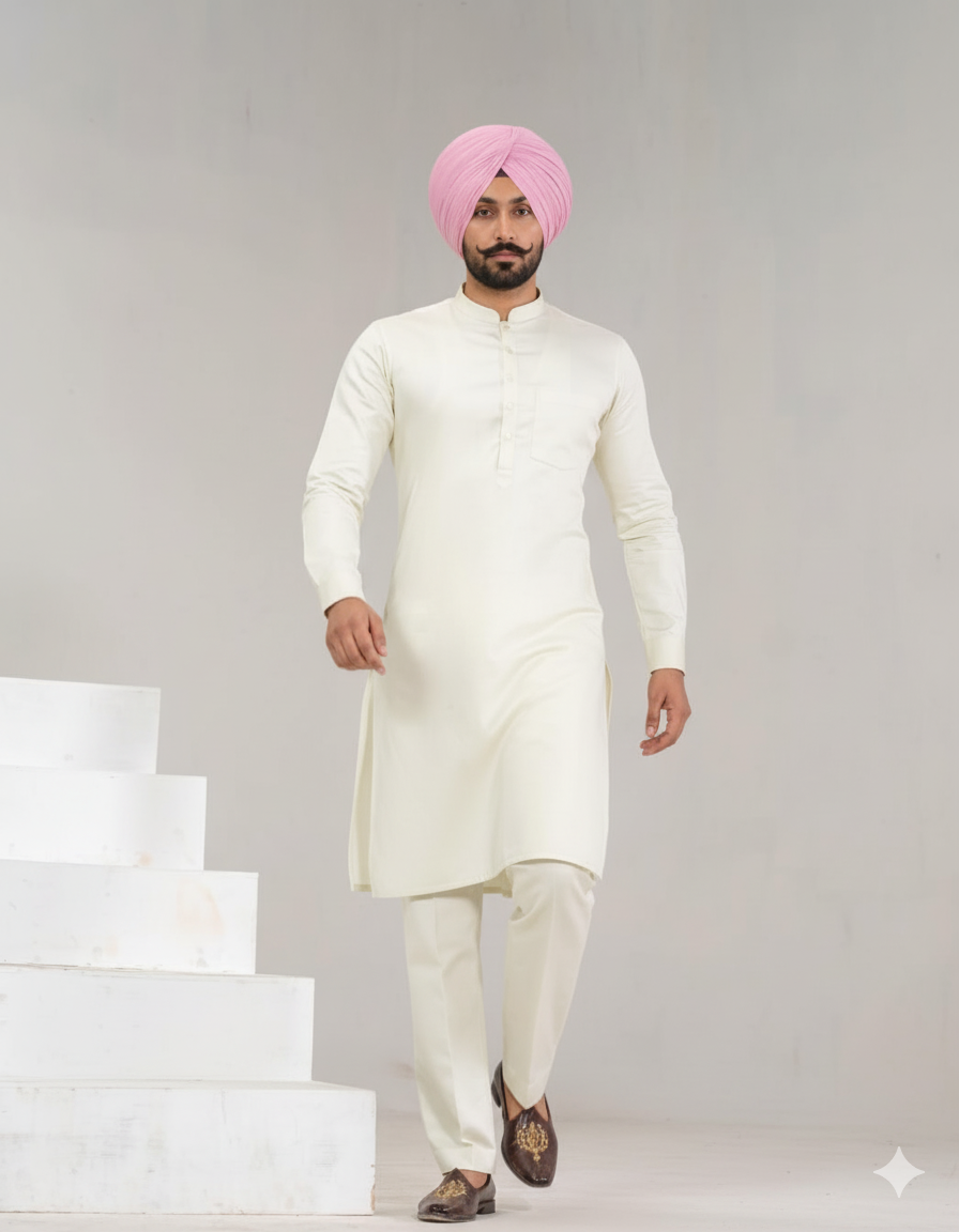 Light Pista Punjabi Straight Kurta Pajama with band collar