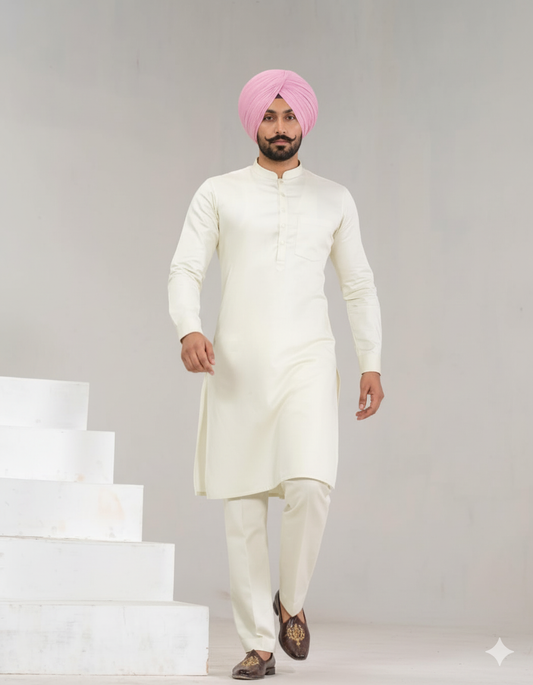 Light Pista Punjabi Straight Kurta Pajama with band collar