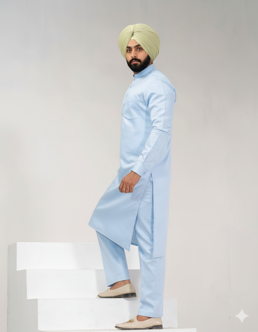 Sky Blue Punjabi Straight Kurta Pajama with band collar