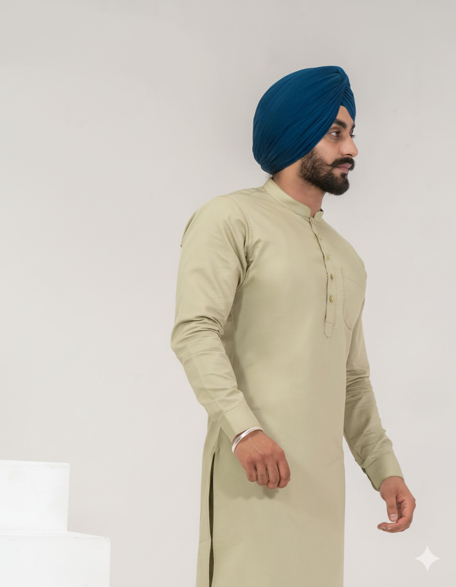 C-Green Punjabi Kurta Pajama with straight cut and band collar