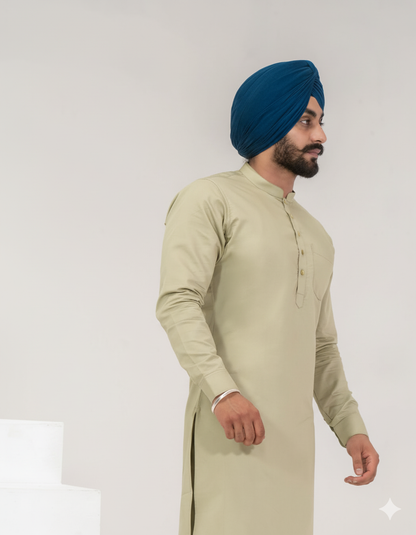 C-Green Punjabi Kurta Pajama with straight cut and band collar