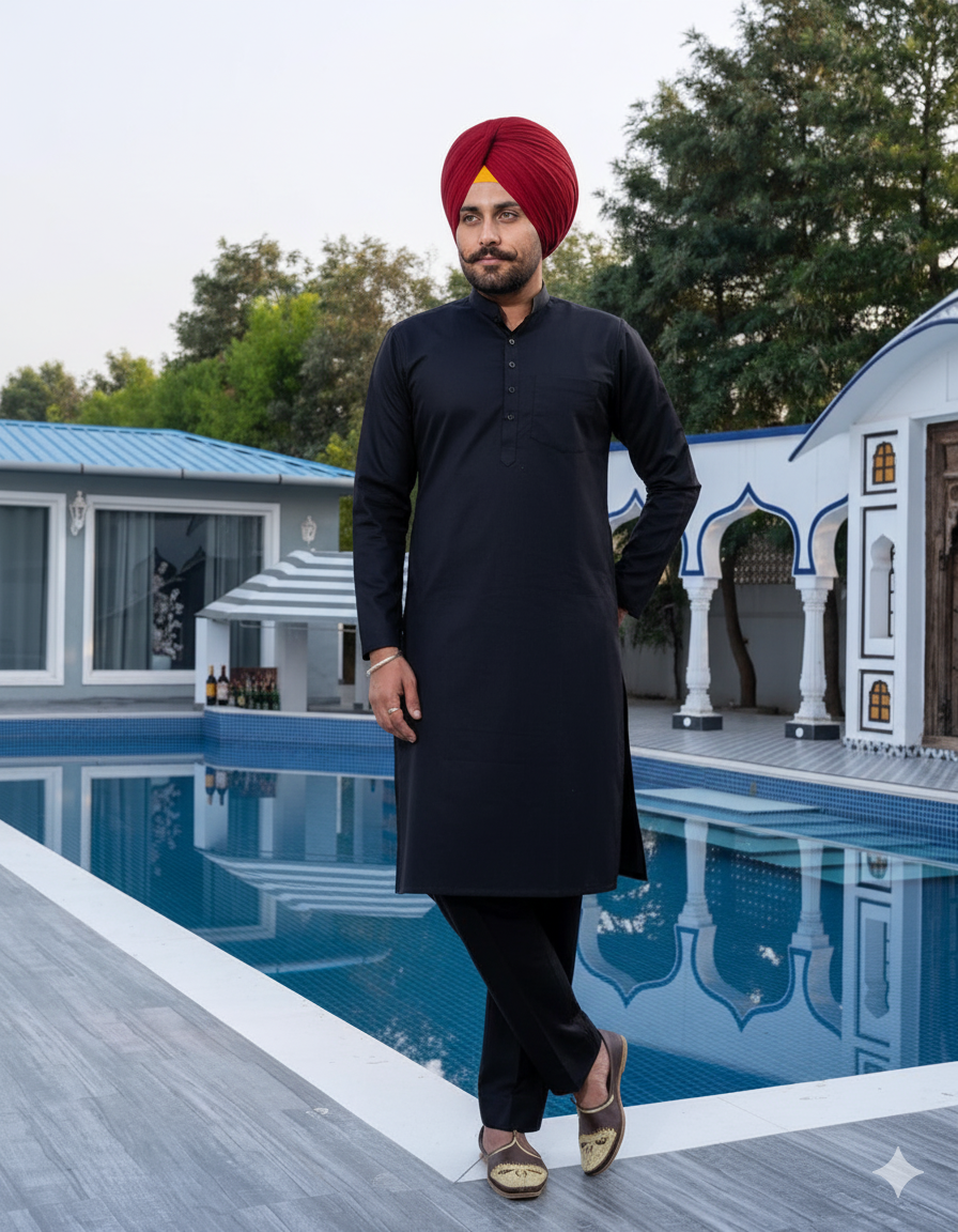 Punjabi Black Kurta Pajama | Straight Cut with band collar