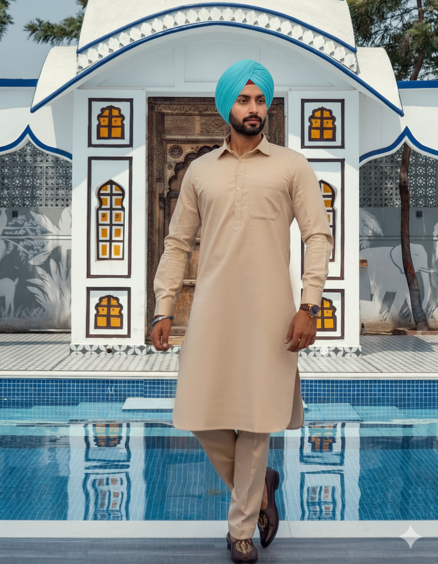 Beige Punjabi Kurta Pajama – Straight Kurta and Pajama with band collar