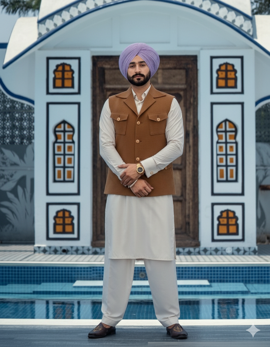 Cream Kurta Pajama with Beige Color Jacket | Straight Kurta with collar and Pathani Salwar