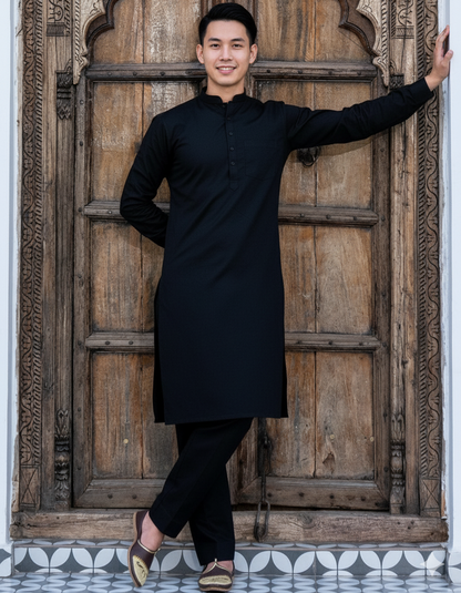 Punjabi Black Kurta Pajama | Straight Cut with band collar