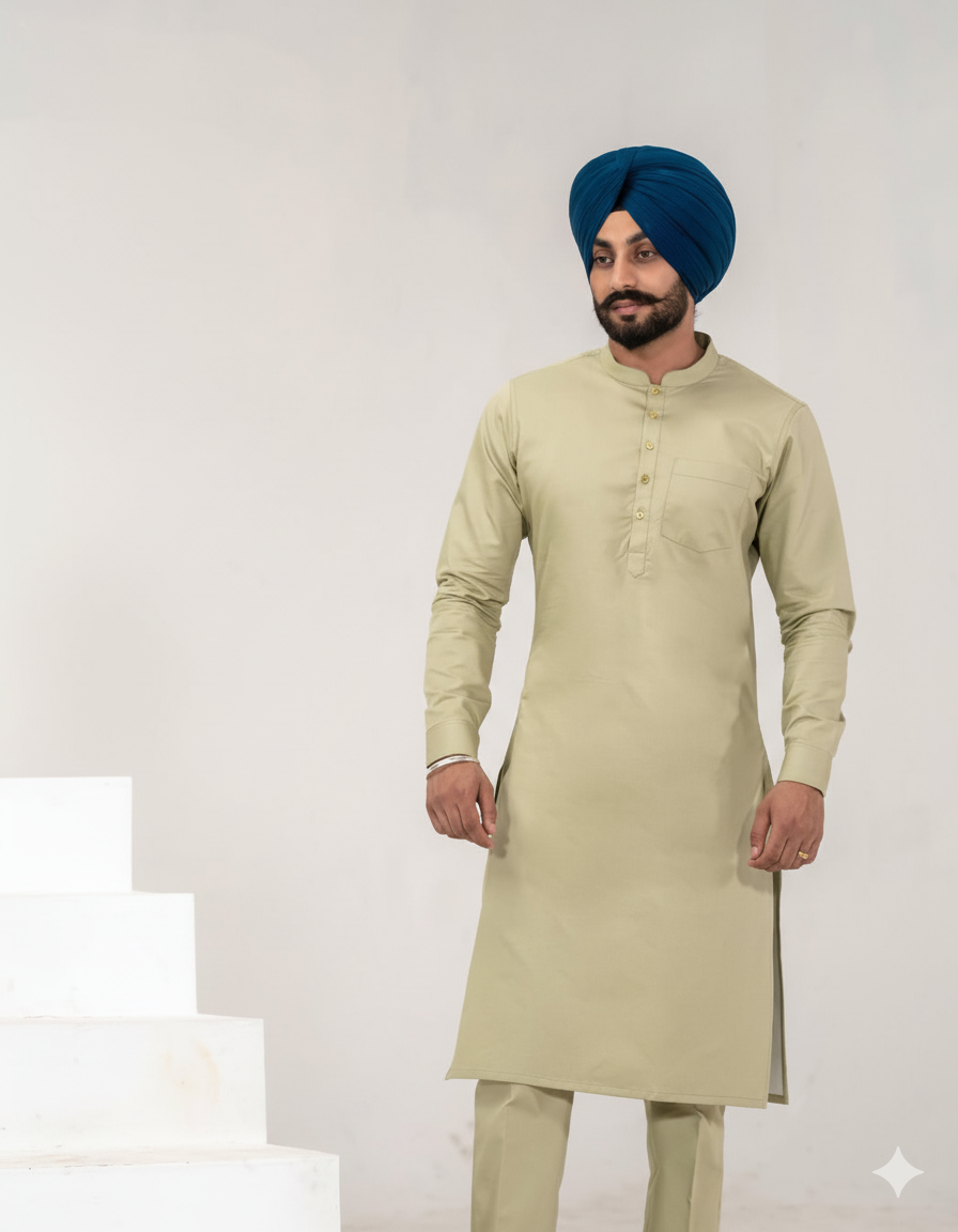C-Green Punjabi Kurta Pajama with straight cut and band collar