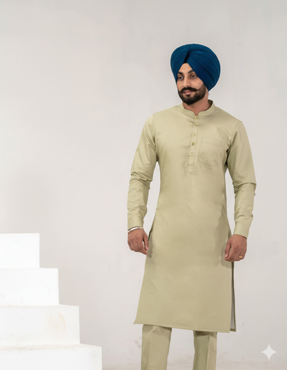 C-Green Punjabi Kurta Pajama with straight cut and band collar