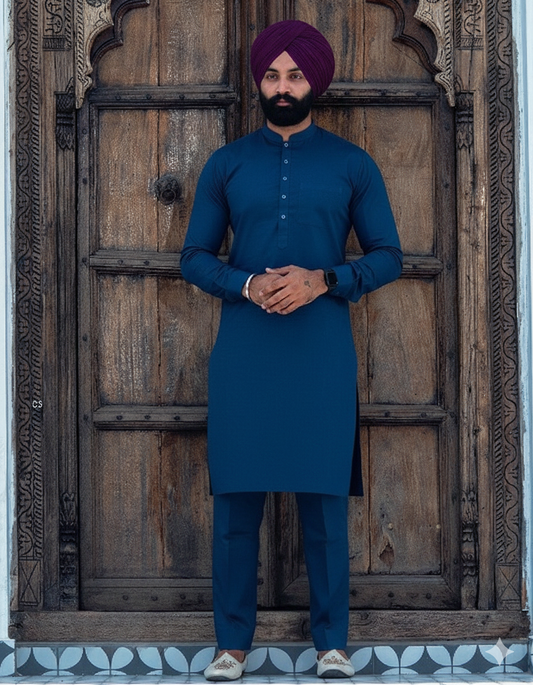 Punjabi Kurta Pajama | Peacock Color, Straight cut with band collar