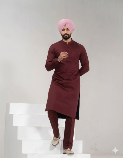 Cherry Red Straight Kurta Pajama with band collar