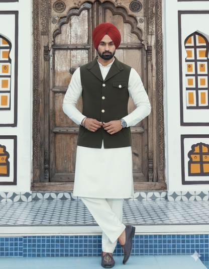 Pistachio Punjabi Kurta Pajama with Olive Jacket | Straight Kurta Pajama with band collar