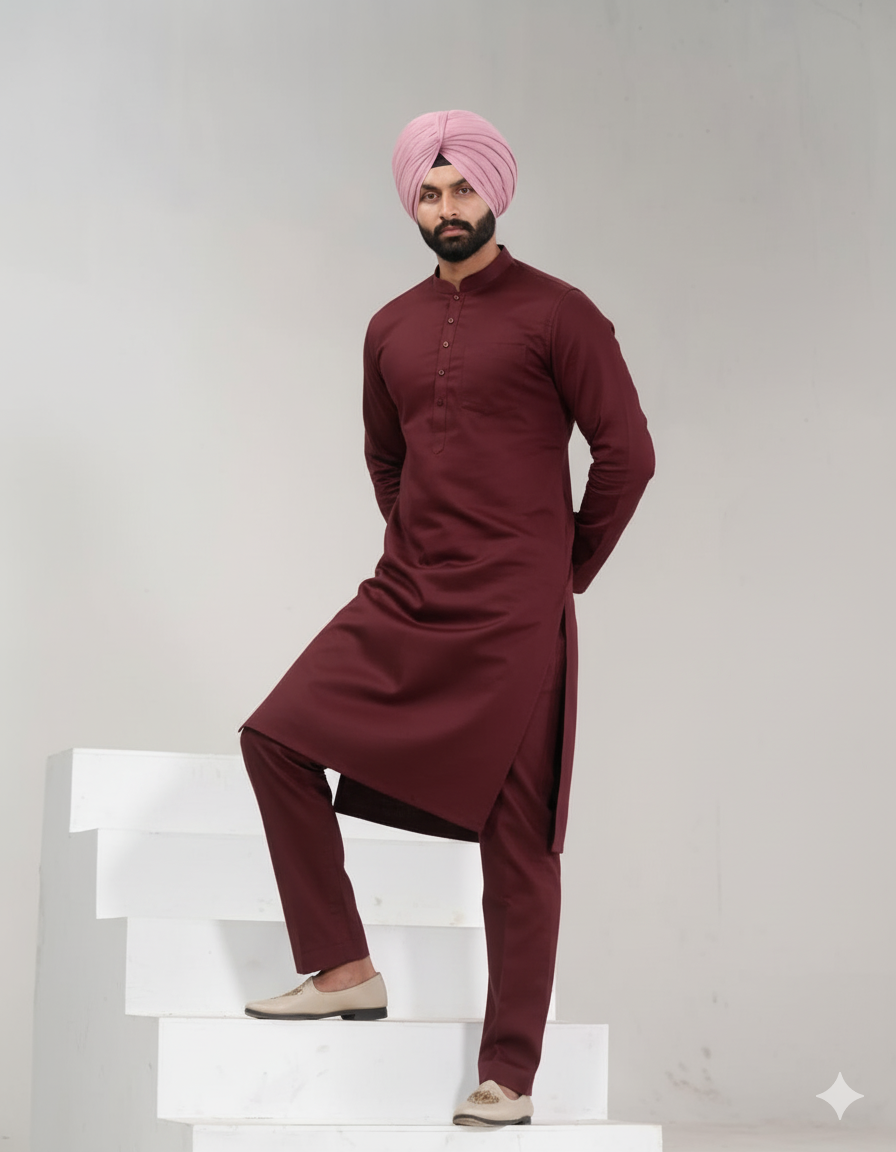 Cherry Red Straight Kurta Pajama with band collar