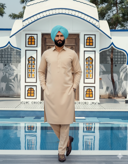 Beige Punjabi Kurta Pajama – Straight Kurta and Pajama with band collar