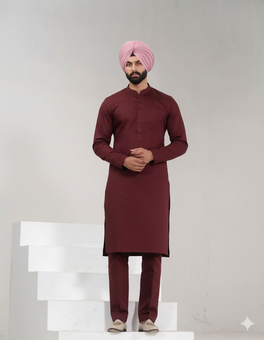 Cherry Red Straight Kurta Pajama with band collar