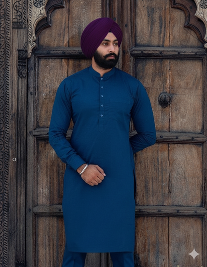 Punjabi Kurta Pajama | Peacock Color, Straight cut with band collar