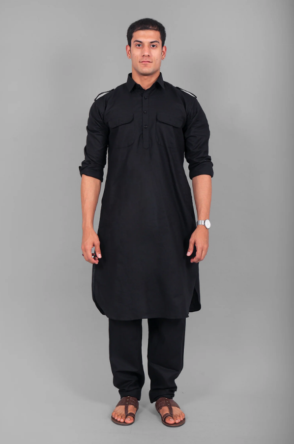 Punjabi Style Pathani Black Kurta Pajama