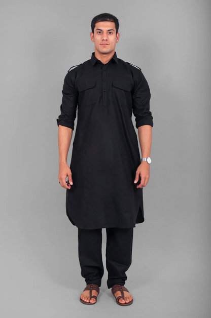 Punjabi Style Pathani Black Kurta Pajama
