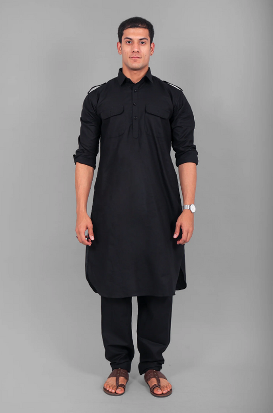 Punjabi Style Pathani Black Kurta Pajama