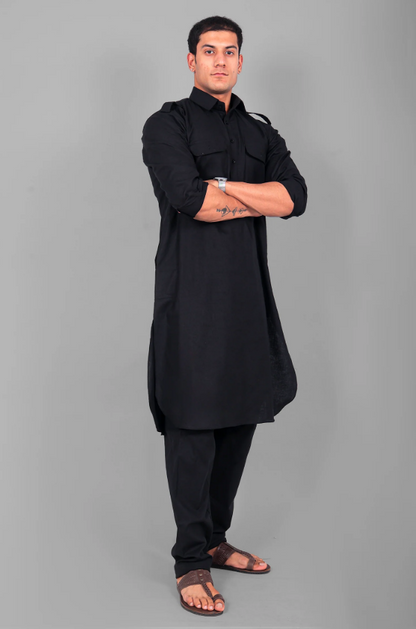 Punjabi Style Pathani Black Kurta Pajama