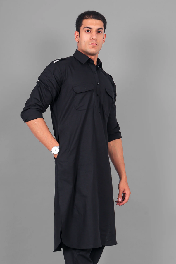 Punjabi Style Pathani Black Kurta Pajama