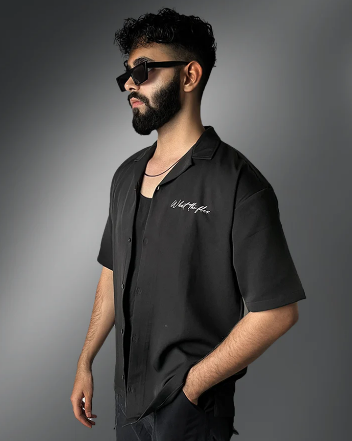 Black Casual Cuban Collar Shirt | Sleek Street-Style