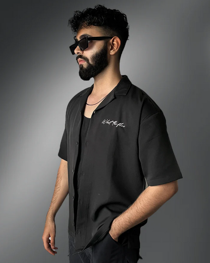 Black Casual Cuban Collar Shirt | Sleek Street-Style
