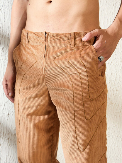 Brown Baggy Corduroy Pants with Wavy Embroidery