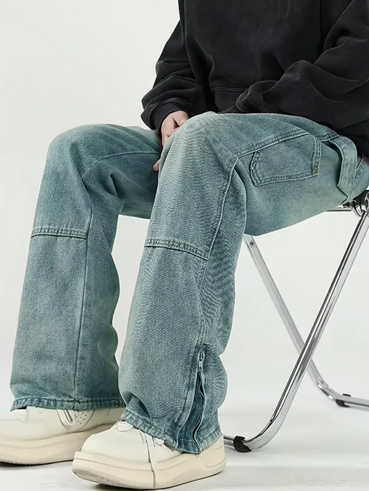 Retro Zipper Carpenter Loose Straight Fit Denim – Bold & Functional