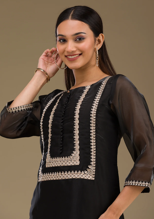 Black Zariwork Readymade Salwar Suit in Luxe Jimmy Choo Fabric