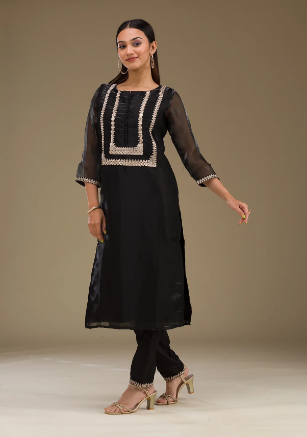 Black Zariwork Readymade Salwar Suit in Luxe Jimmy Choo Fabric