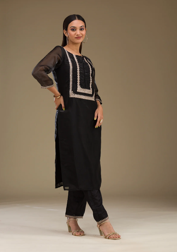 Black Zariwork Readymade Salwar Suit in Luxe Jimmy Choo Fabric