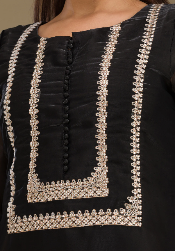Black Zariwork Readymade Salwar Suit in Luxe Jimmy Choo Fabric