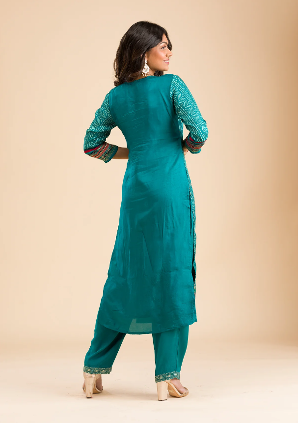 Peacock Blue Semi Crepe Readymade Salwar Suit with Zari Detailing