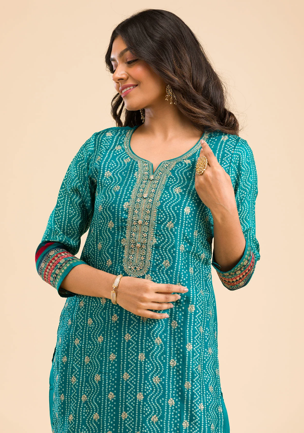 Peacock Blue Semi Crepe Readymade Salwar Suit with Zari Detailing