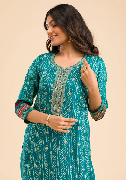 Peacock Blue Semi Crepe Readymade Salwar Suit with Zari Detailing