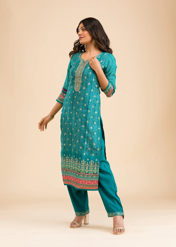 Peacock Blue Semi Crepe Readymade Salwar Suit with Zari Detailing