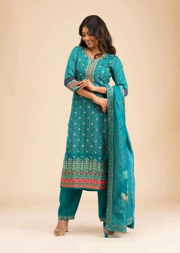 Peacock Blue Semi Crepe Readymade Salwar Suit with Zari Detailing