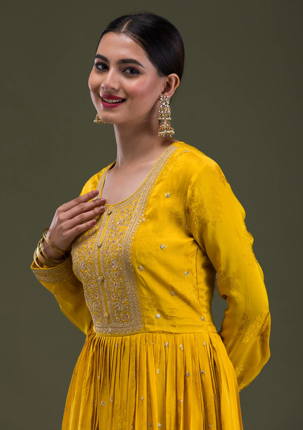 Mustard Crepe Readymade Anarkali Suit with Zari Embroidery