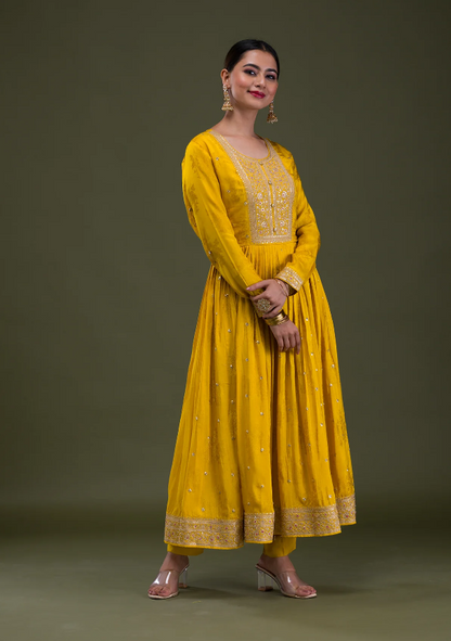 Mustard Crepe Readymade Anarkali Suit with Zari Embroidery