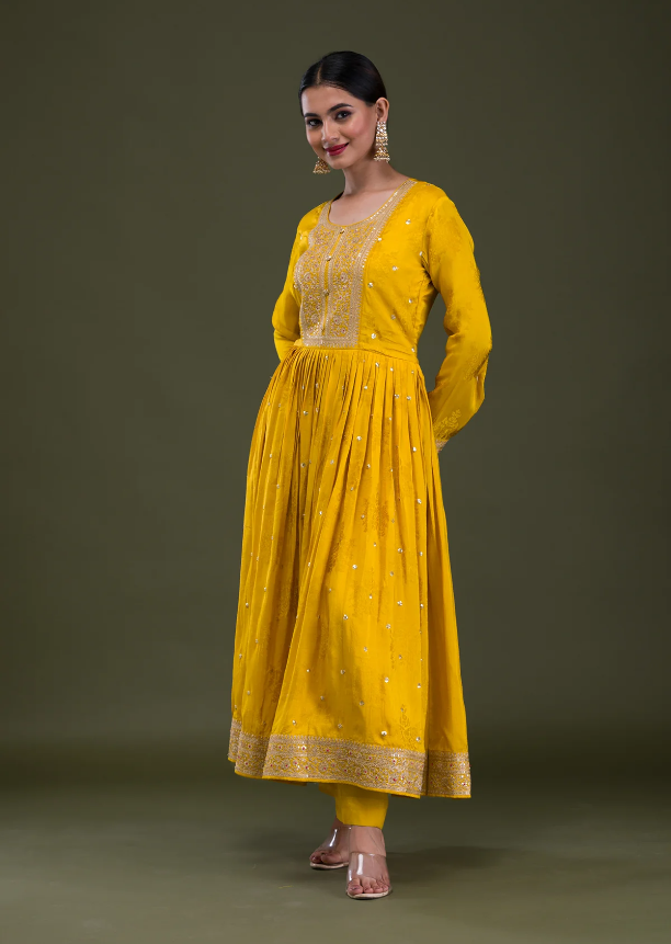 Mustard Crepe Readymade Anarkali Suit with Zari Embroidery