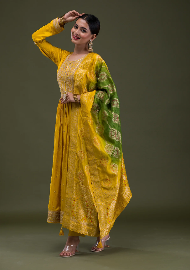 Mustard Crepe Readymade Anarkali Suit with Zari Embroidery