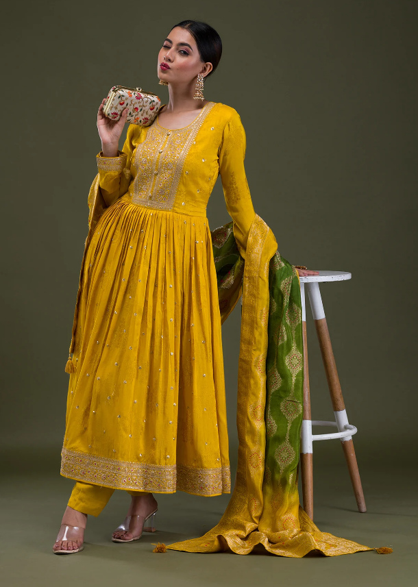 Mustard Crepe Readymade Anarkali Suit with Zari Embroidery