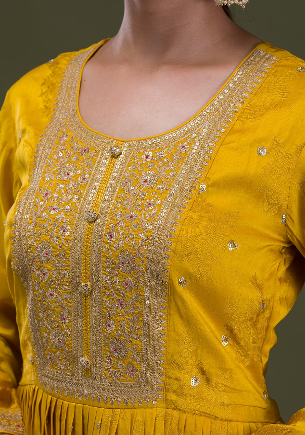 Mustard Crepe Readymade Anarkali Suit with Zari Embroidery