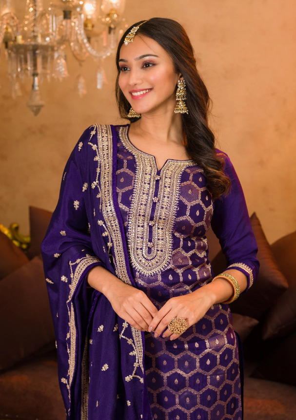 Purple Crepe Readymade Salwar Suit with Zari Embroidery
