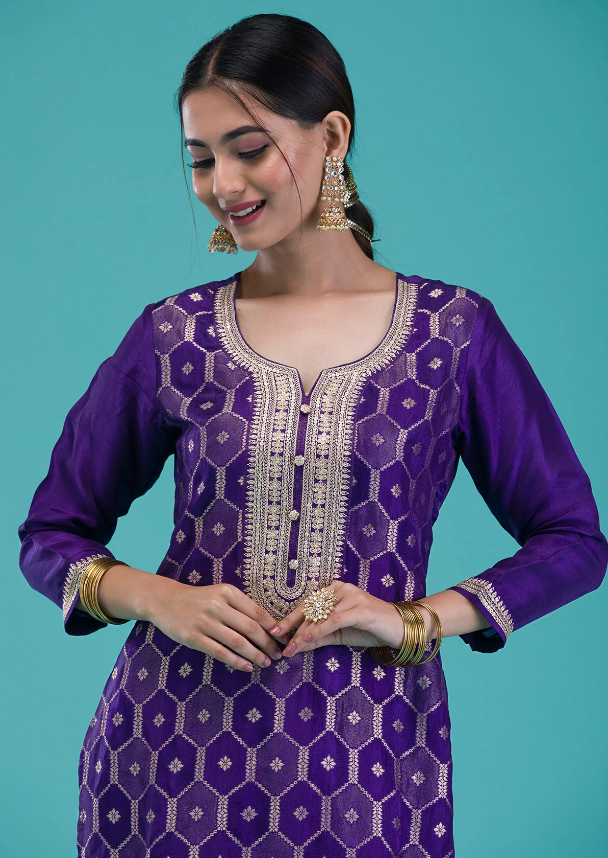 Purple Crepe Readymade Salwar Suit with Zari Embroidery