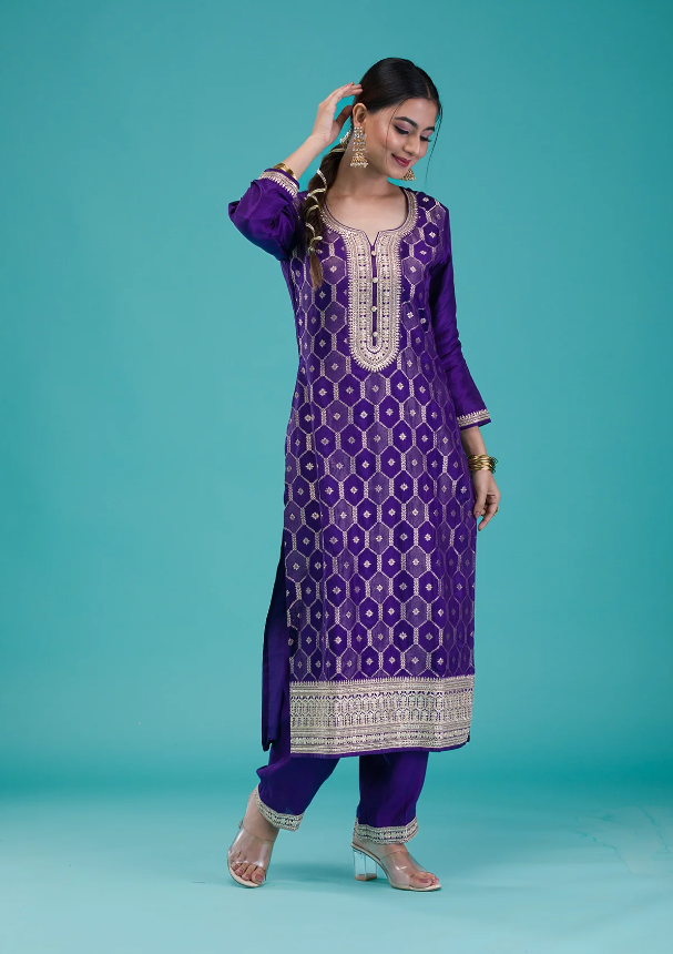 Purple Crepe Readymade Salwar Suit with Zari Embroidery