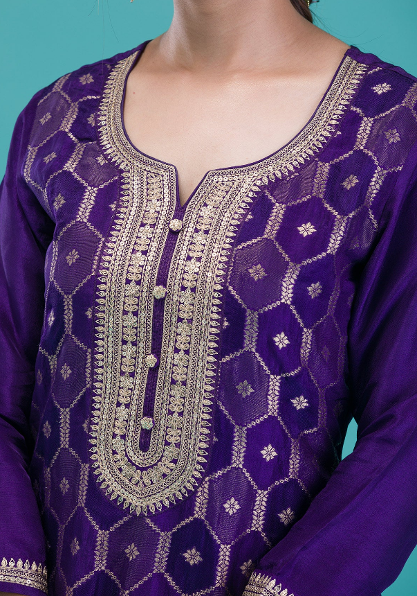 Purple Crepe Readymade Salwar Suit with Zari Embroidery