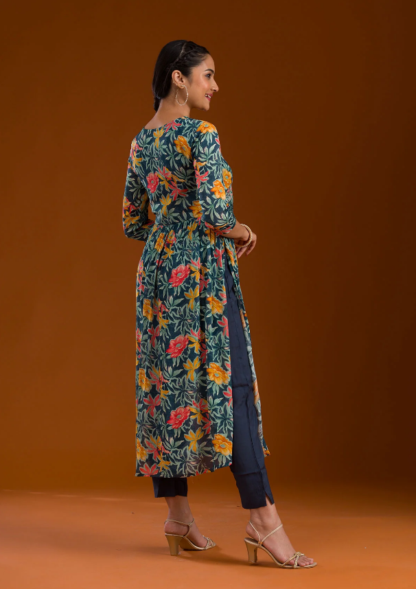 Navy Blue Chiffon Readymade Salwar Suit with Intricate Threadwork