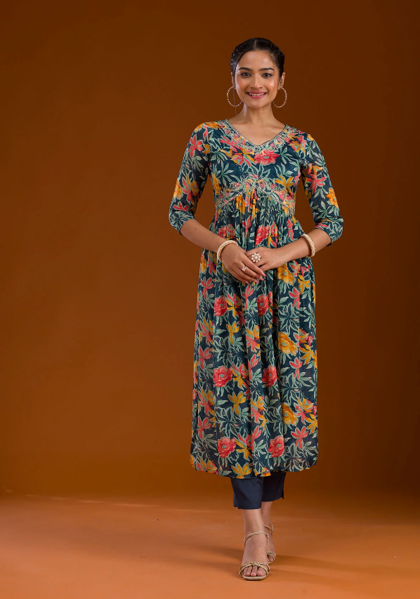Navy Blue Chiffon Readymade Salwar Suit with Intricate Threadwork